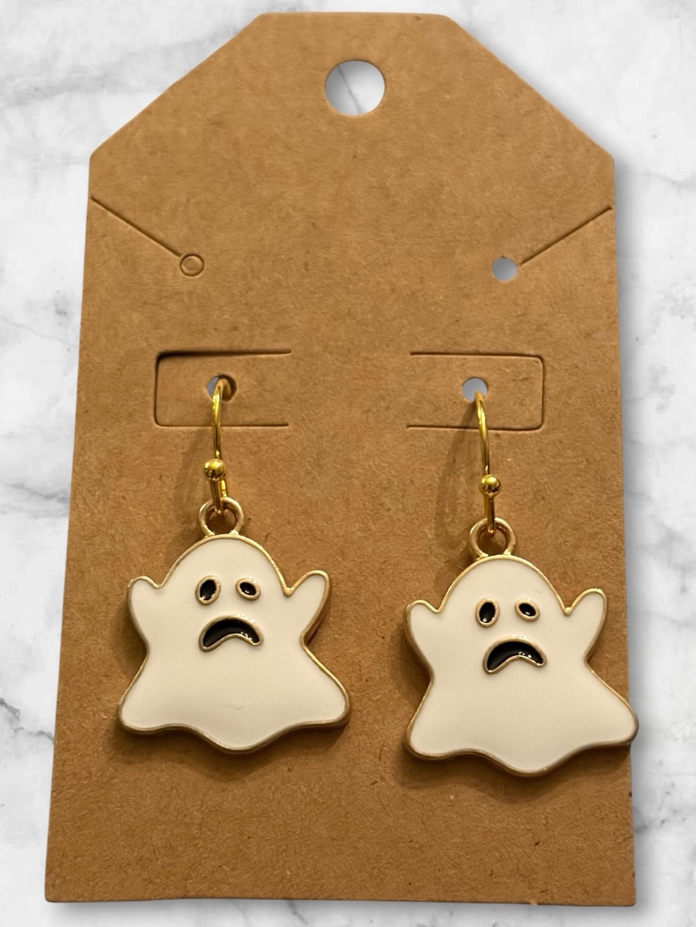 Cream Ghost Dangle Earrings with Gold Hooks